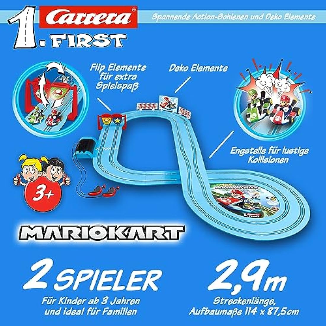 Carrera FIRST 20063028 Mario Kart - FIRST Slot Racing Track, For Children From 3 Years And Adults, 2.9 Metres, With Mario Kart - Mario & Mario Kart - Luigi - Multicolor