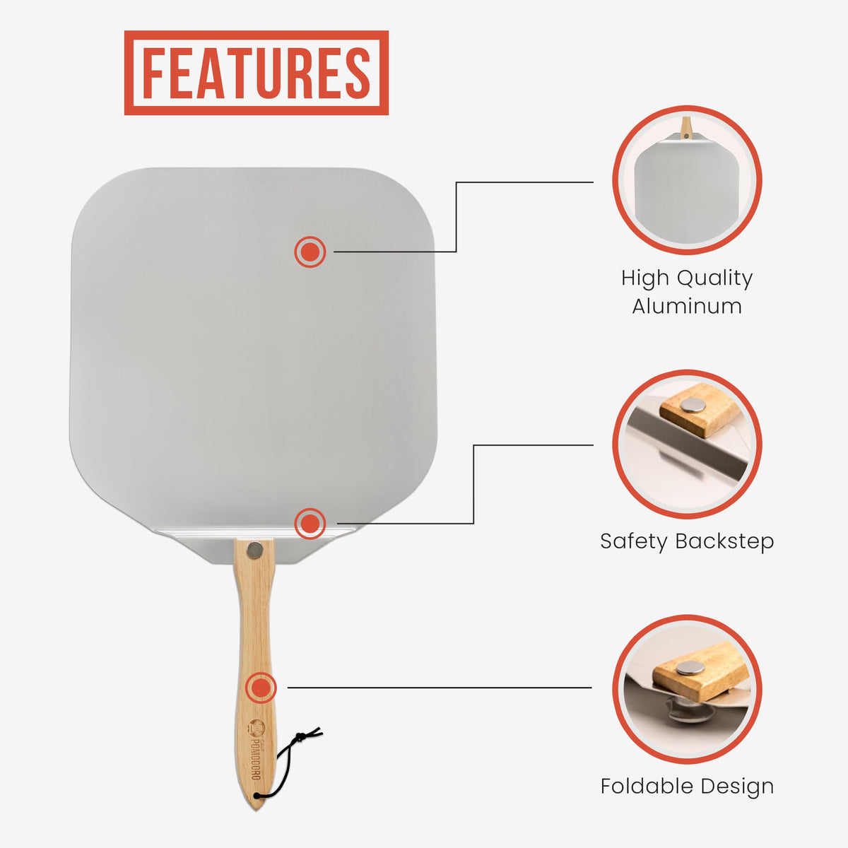 Chef Pomodoro Aluminum Metal Pizza Peel with Foldable Wood Handle for Easy Storage, Pizza Spatula, Gourmet Luxury Pizza Paddle for Baking Homemade