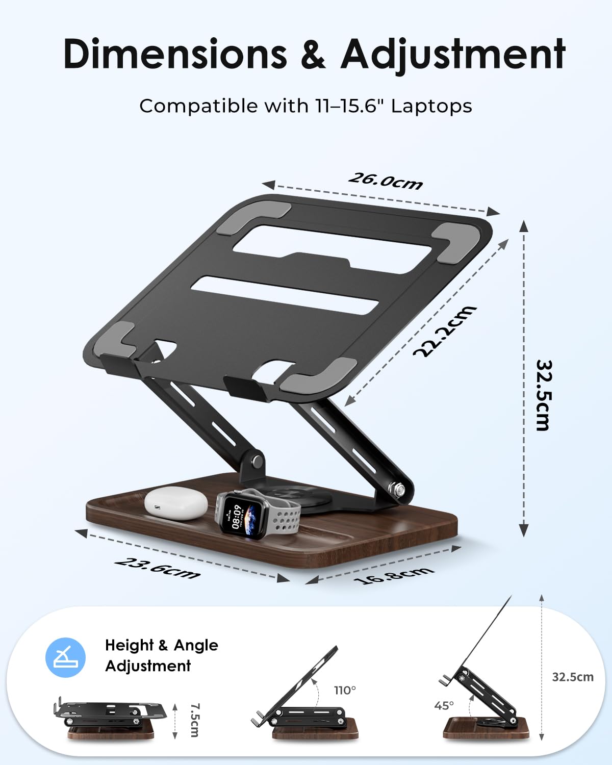 Viozon Laptop Stand for Desk, Height & Angle Adjustable, for 11~15.6" Laptop, Foldable, 360 Degree Rotate Base, Ventilation Cut-outs