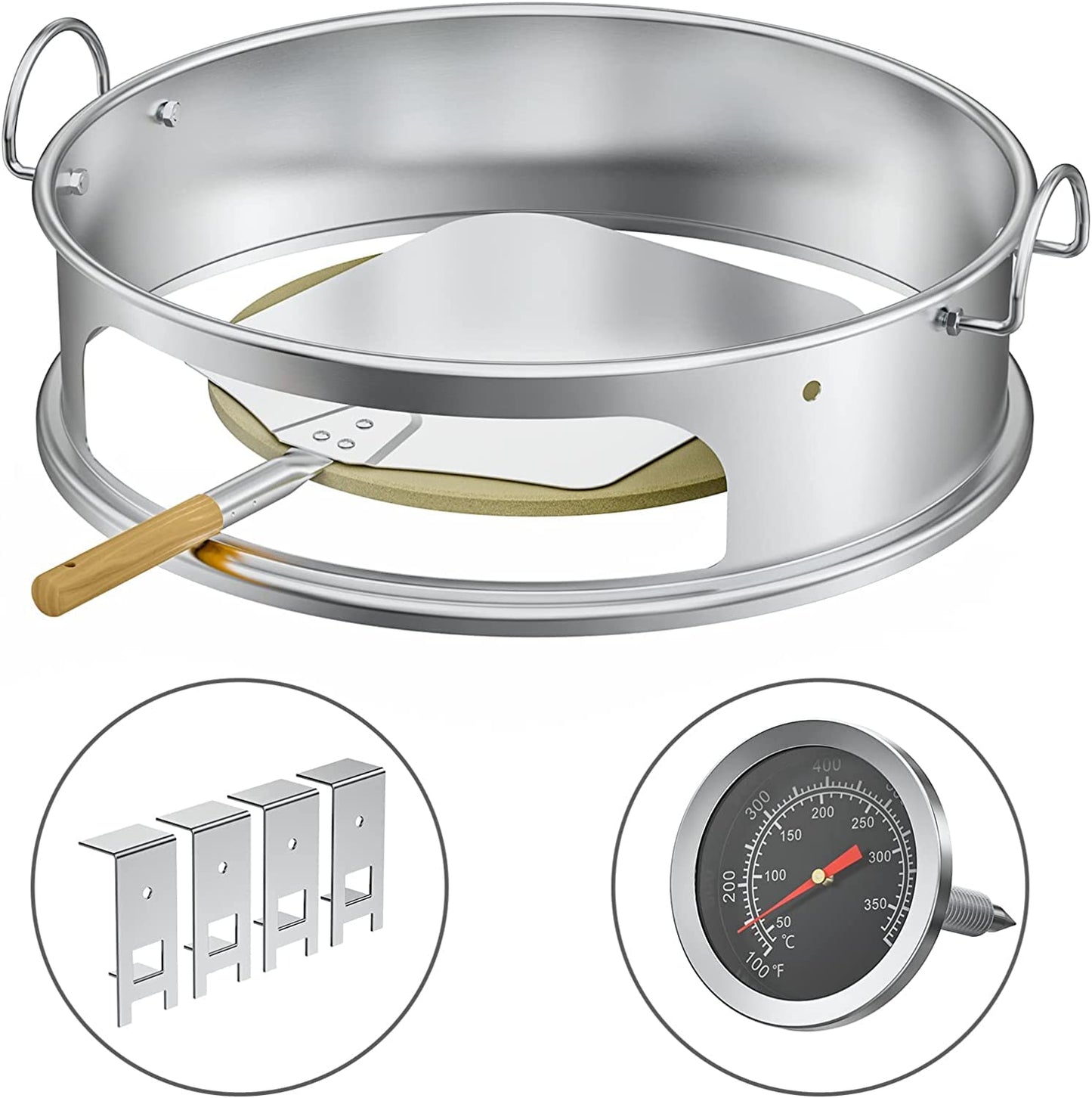 onlyfire BRK-6023 Pizza Oven Conversion Kit for 57 CM/ 22.5? Kettle Grills and Smoker, stainless steel ring with thermometer, pizza stone, aluminum