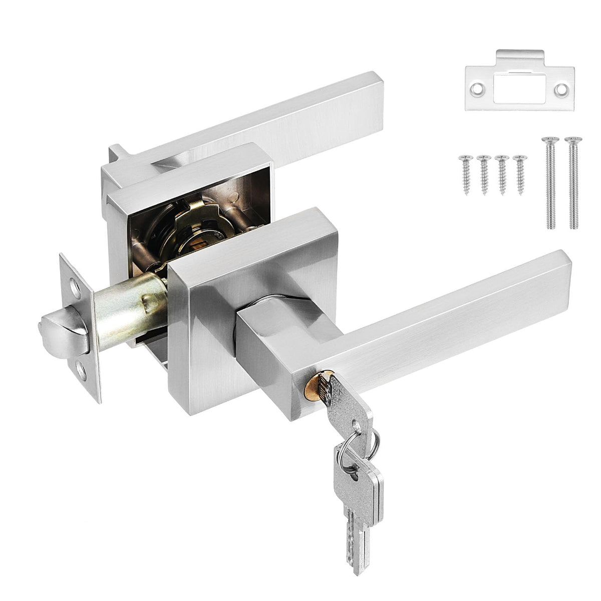 HSEAMALL Door Lever Handle Lock,Interior Door Handle with Lock and Key Square Entry Door Handle for Bedroom Office Left or Right Handing (Silver)