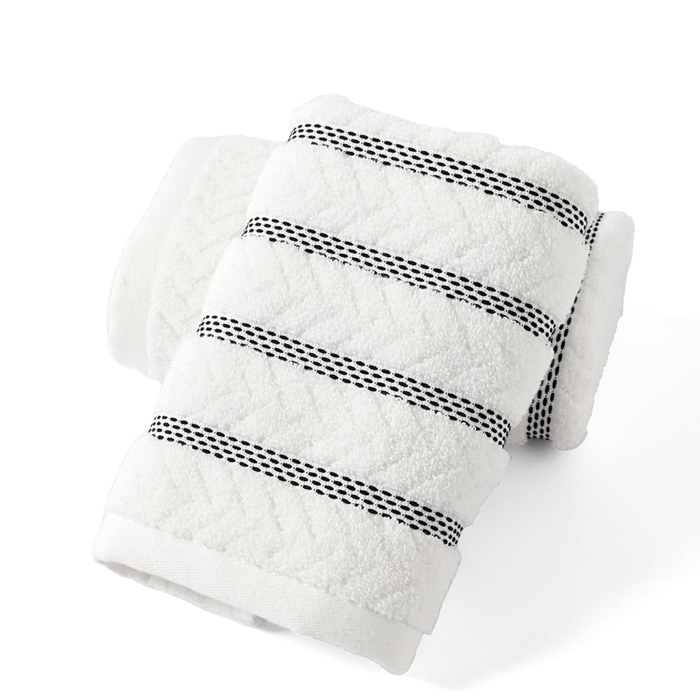 sense gnosis 100% Cotton White Hand Towel Set of 2 Thick Jacquard Ribbed Striped Soft Quick Dry and Absorbent Bathroom Decorative Hand Towel 13 x 29