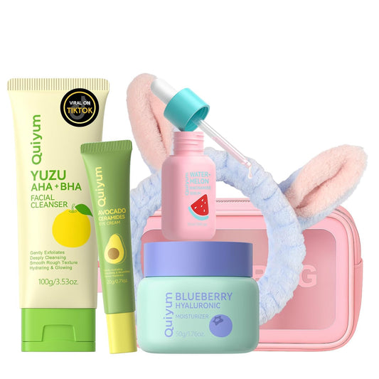 Quiyum Fruit Skincare Set, 6PCS Travel Face Care Kit with AHA, Niacinamide, Ceramide & Hyaluronic Acid, Birthday Christmas Pamper Gifts for Her Friend