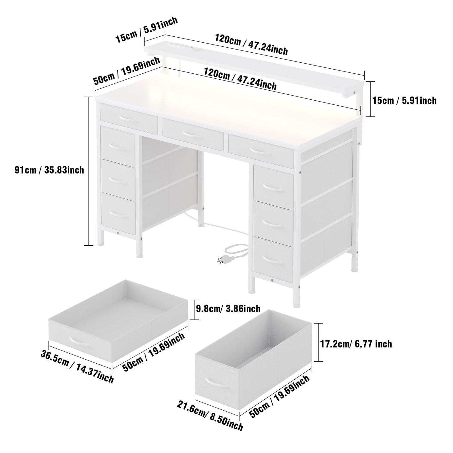 Flrrtenv Computer Desk with 9 Drawers & LED Light, 120 x 50 cm Home Office Desk with Storage & Power Outlets USB Type-C