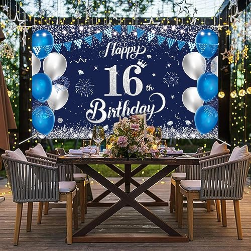Yontree Happy 16th Birthday Banner - Navy Blue & Silver Birthday Backdrop 1.1 x 1.8m for 16 Years Old Anniversary Party
