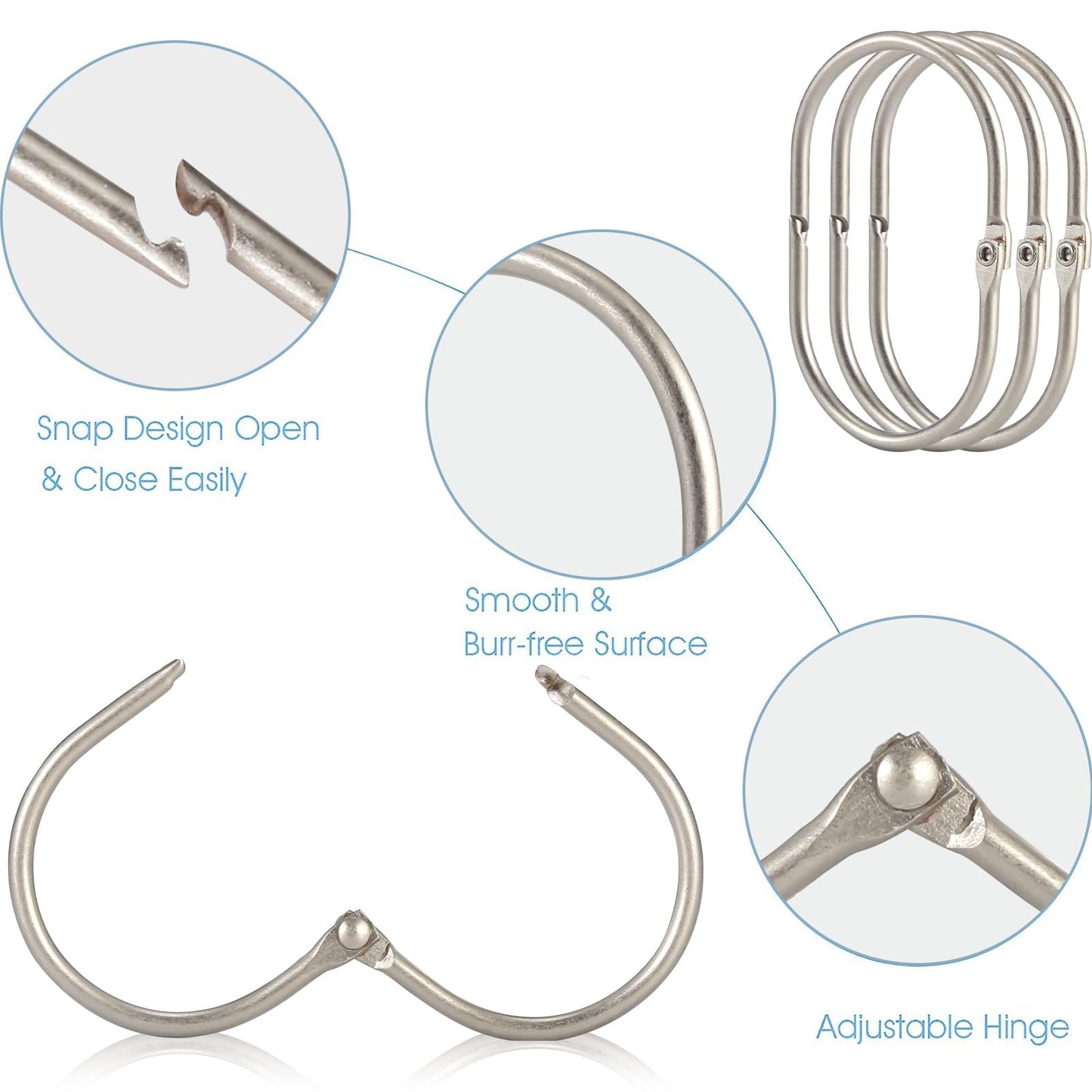 Goowin Shower Curtain Hooks, 12 Pcs Shower Curtain Rings Rust Proof Metal Oval Rings Clasp Closed Shower Curtain Rings for Bathroom Shower Rods
