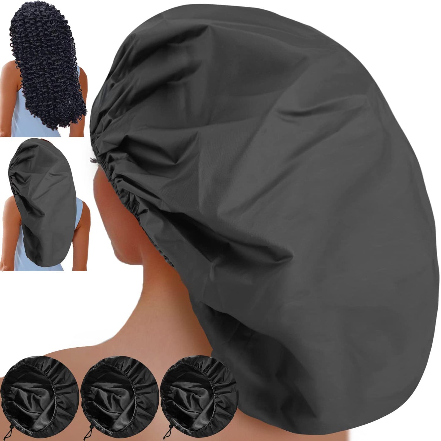 Sheomern 3 Pcs Super Jumbo Adjustable Satin Lined Shower Caps for Long Hair & Braids, Extra Extra Large Shower Cap for Women & Men, XXL Shower Cap