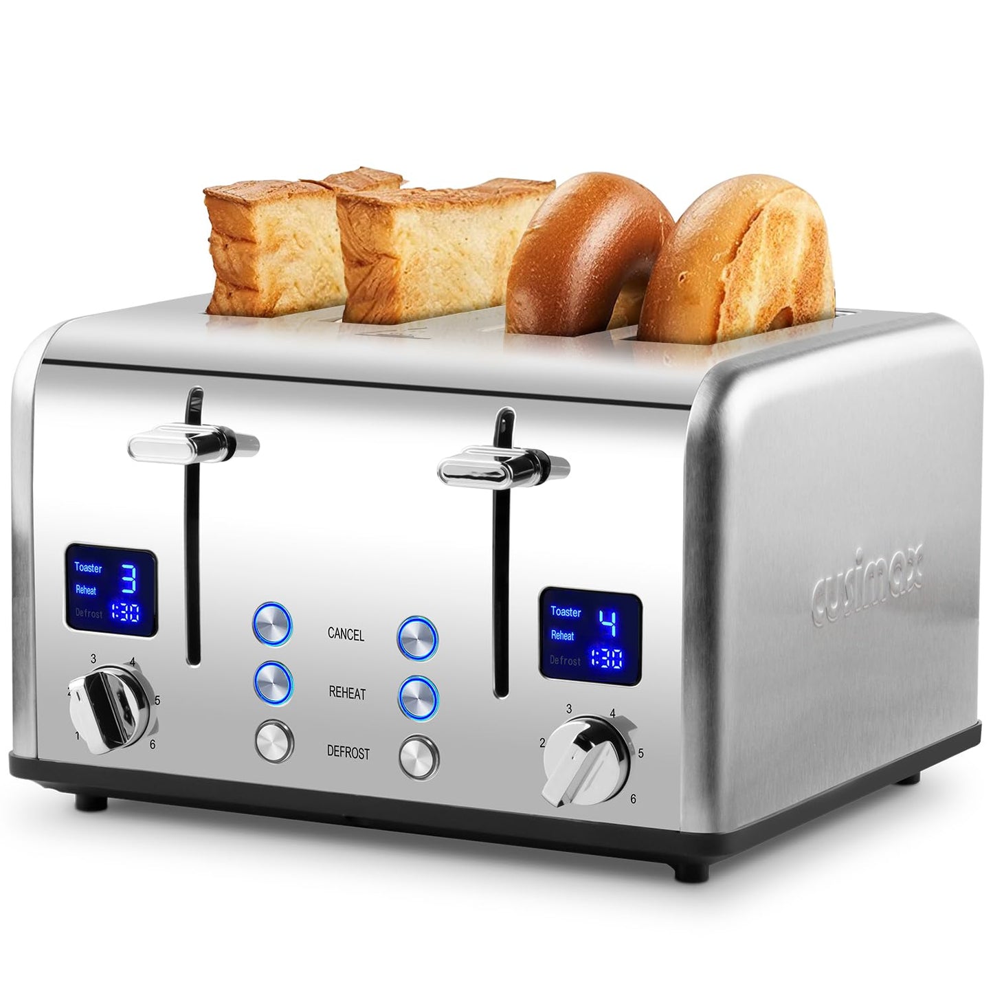 Toaster 4 Slices, Cusimax Stainless Steel Toaster with Ultra-Clear LED Display & 4 Extra-Wide Slots, Defrost/Reheat/Cancel Function, 6 Browning