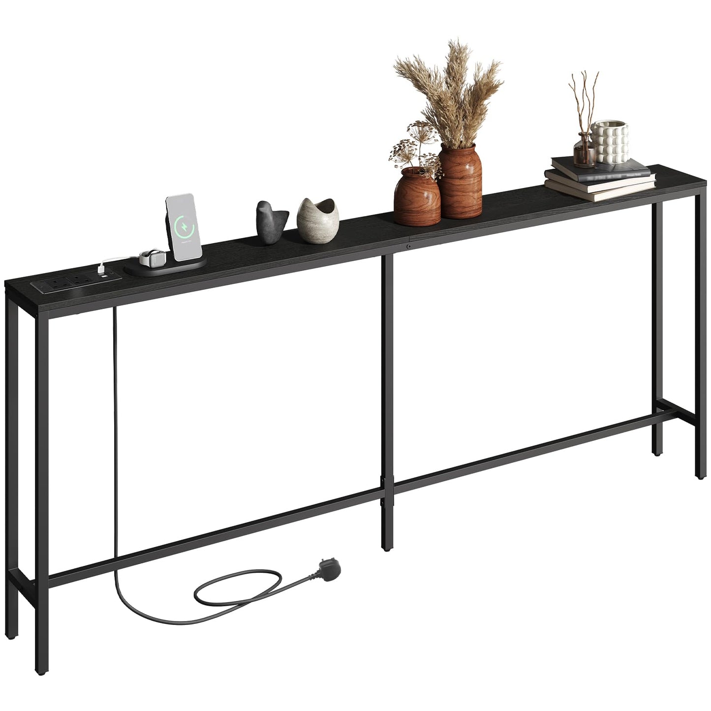 MAHANCRIS Console Table with Power Outlet, 200 CM Narrow Sofa Table, Industrial Entryway with USB Ports, Behind Couch Table for Entryway, Hallway,