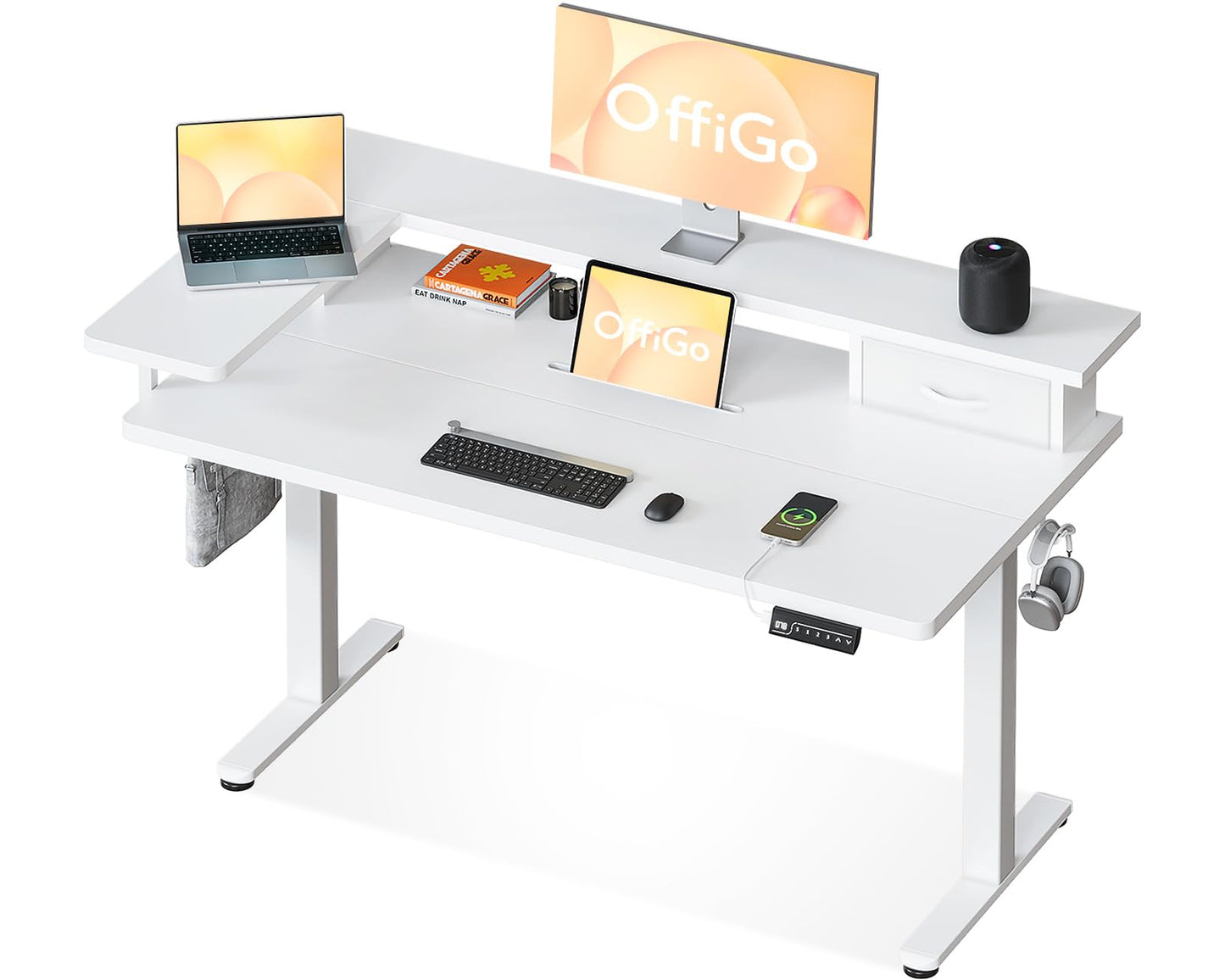 OffiGo Standing Desk with Drawers & Monitor Stand, USB Port, 120cm White