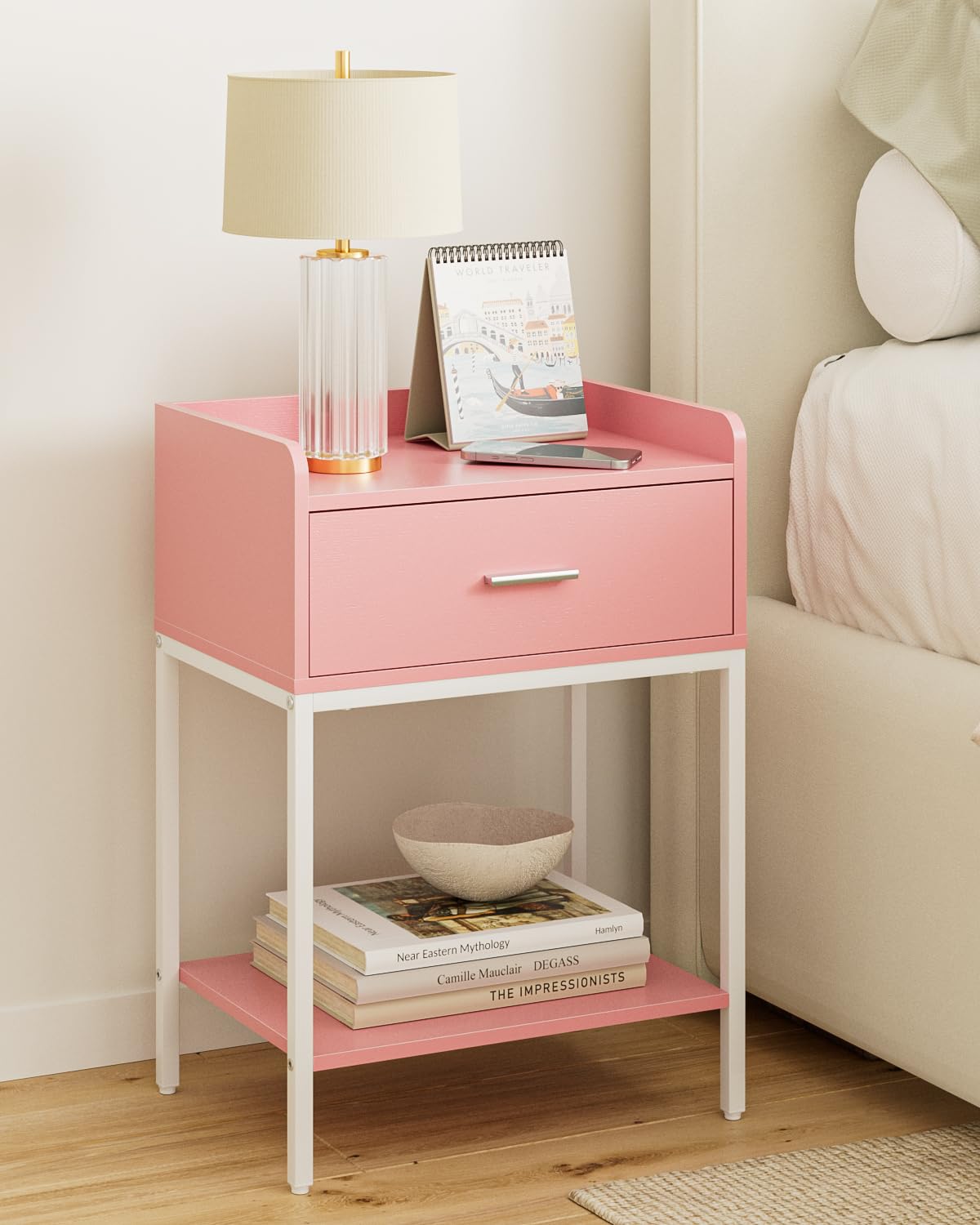 HEYZOEY Bedside Table, 3-tier Modern Bedside Table with Storage Drawer and Shelf, Small Side Table for Bedroom, Living Room, Pink