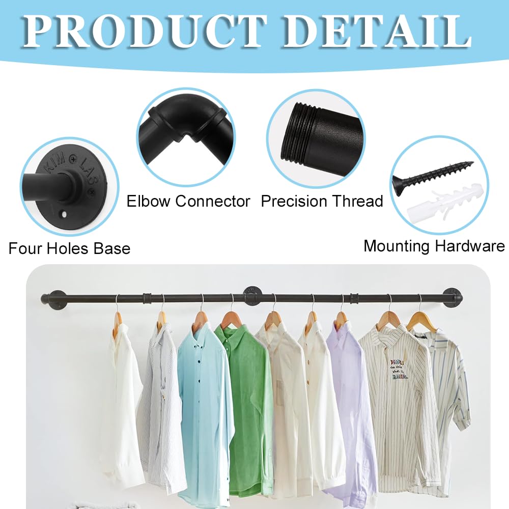 Exquilnova 180CM Wall Mounted Clothes Rail,Black Metal Clothing Rack,Multifunctional Heavy Duty Clothes Rail,Hanging Rails Suitable for