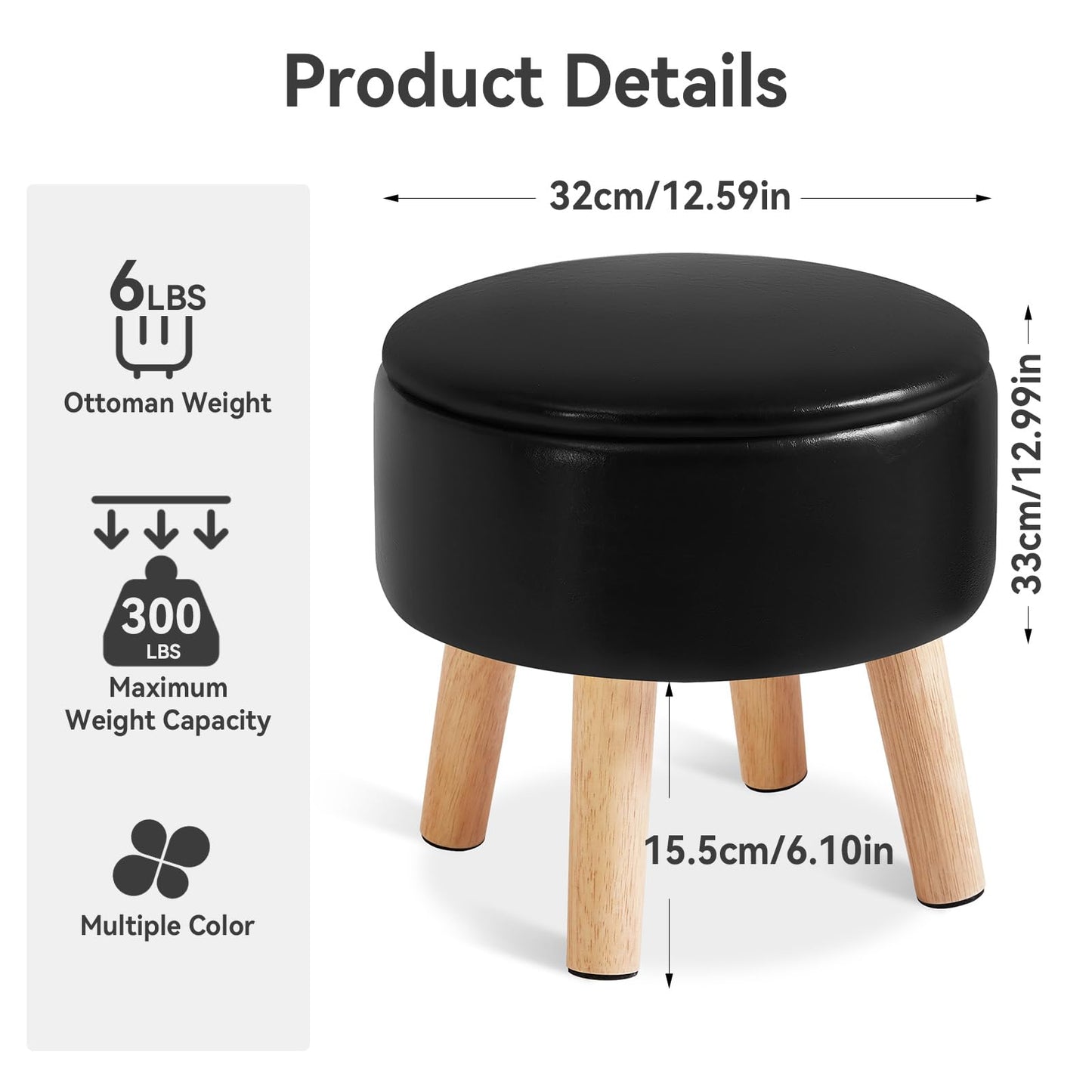 IBUYKE 13 Inch Small Footstool Ottoman with Storage, Round Pouffe Foot Rest with Padded Seat and Wood Legs