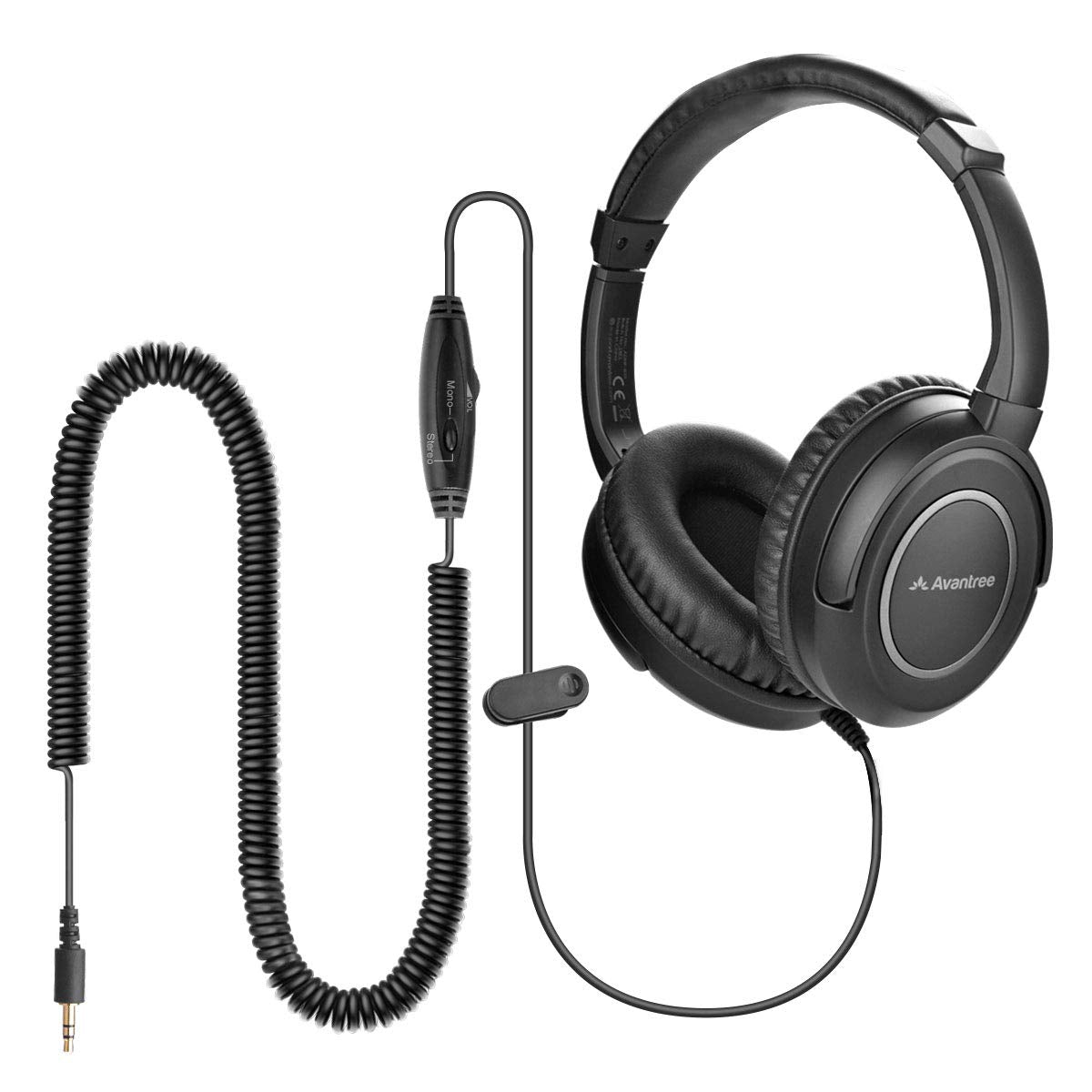 Avantree HF039 Long Coiled Cord Headphones for TV, 16.4 Feet / 5M Extended Range Cable, 3.5mm Audio Output, Stereo Sound Over-ear Headphones with
