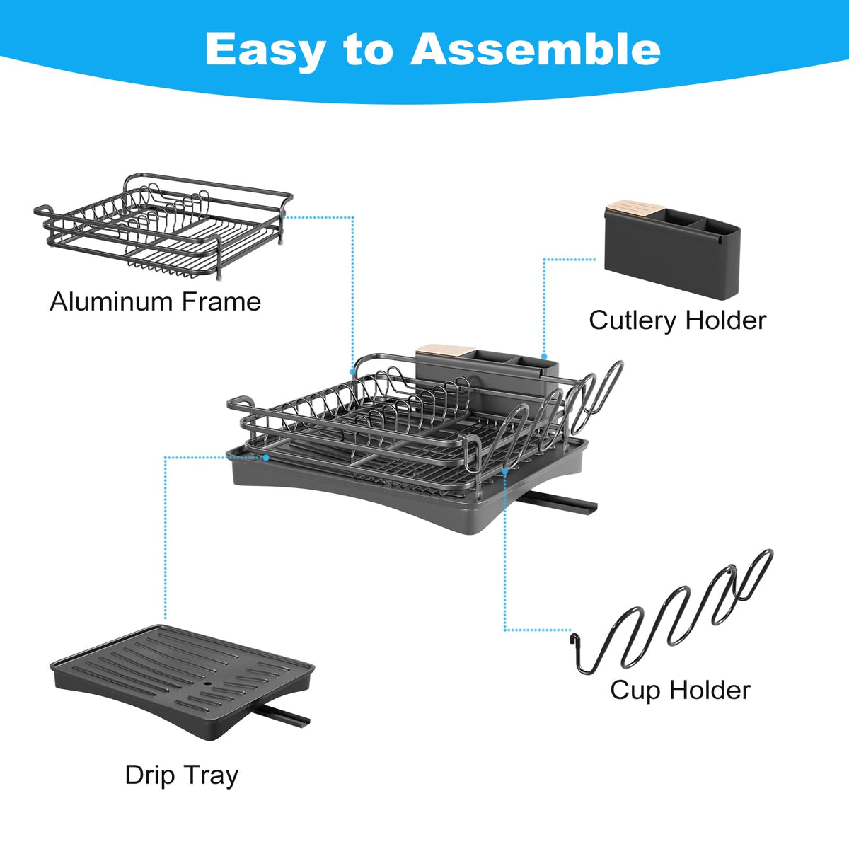 BRIAN & DANY Aluminum Dish Drying Rack, Dish Drainer with Removable Cutlery Holder & Cup Holder, Unique 360 Swivel Spout Drain Board, Black