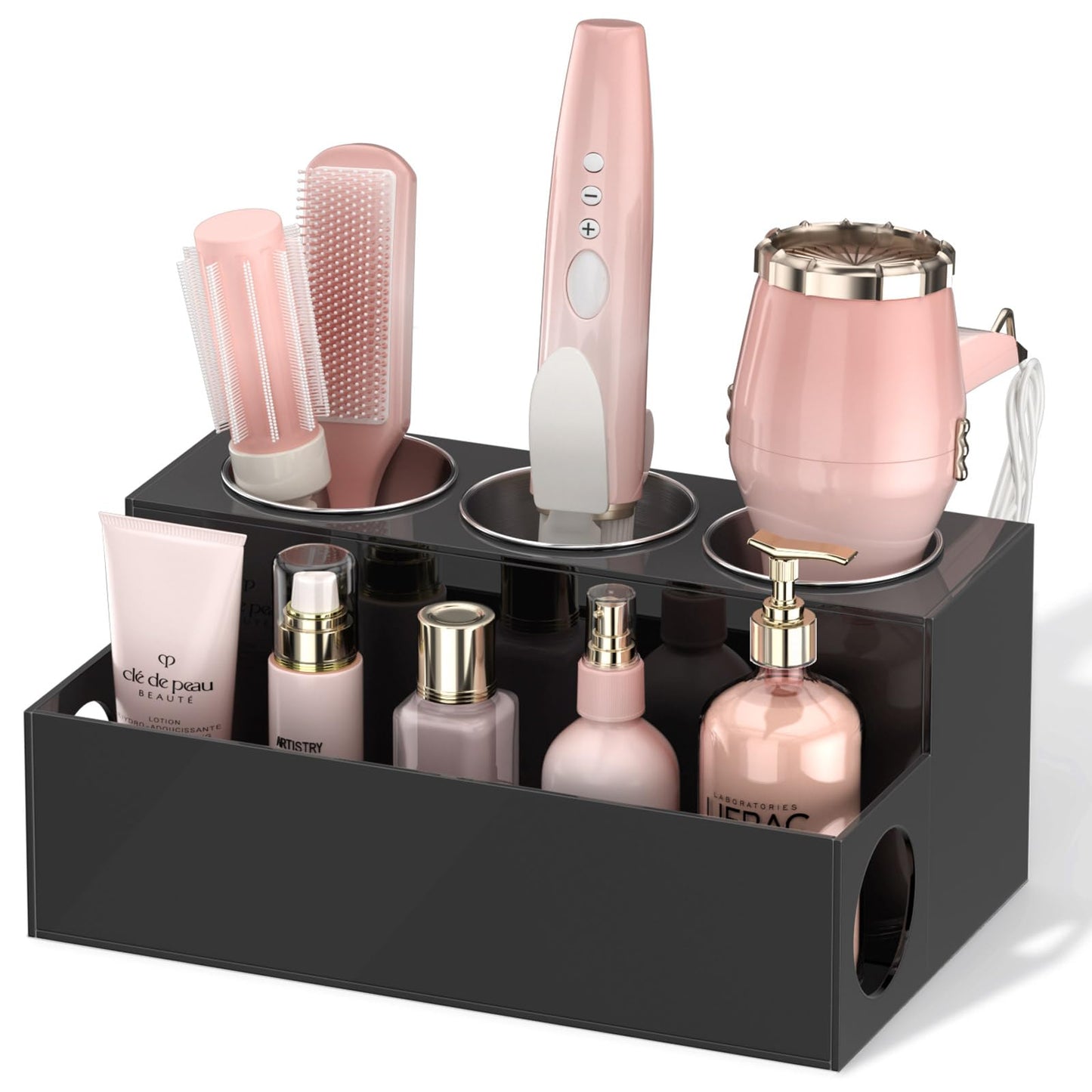 NIUBEE Hair Tool Organizer, Black Acrylic Hair Dryer and Styling Organizer, Bathroom Countertop Blow Dryer Holder, Vanity Caddy Storage Stand for