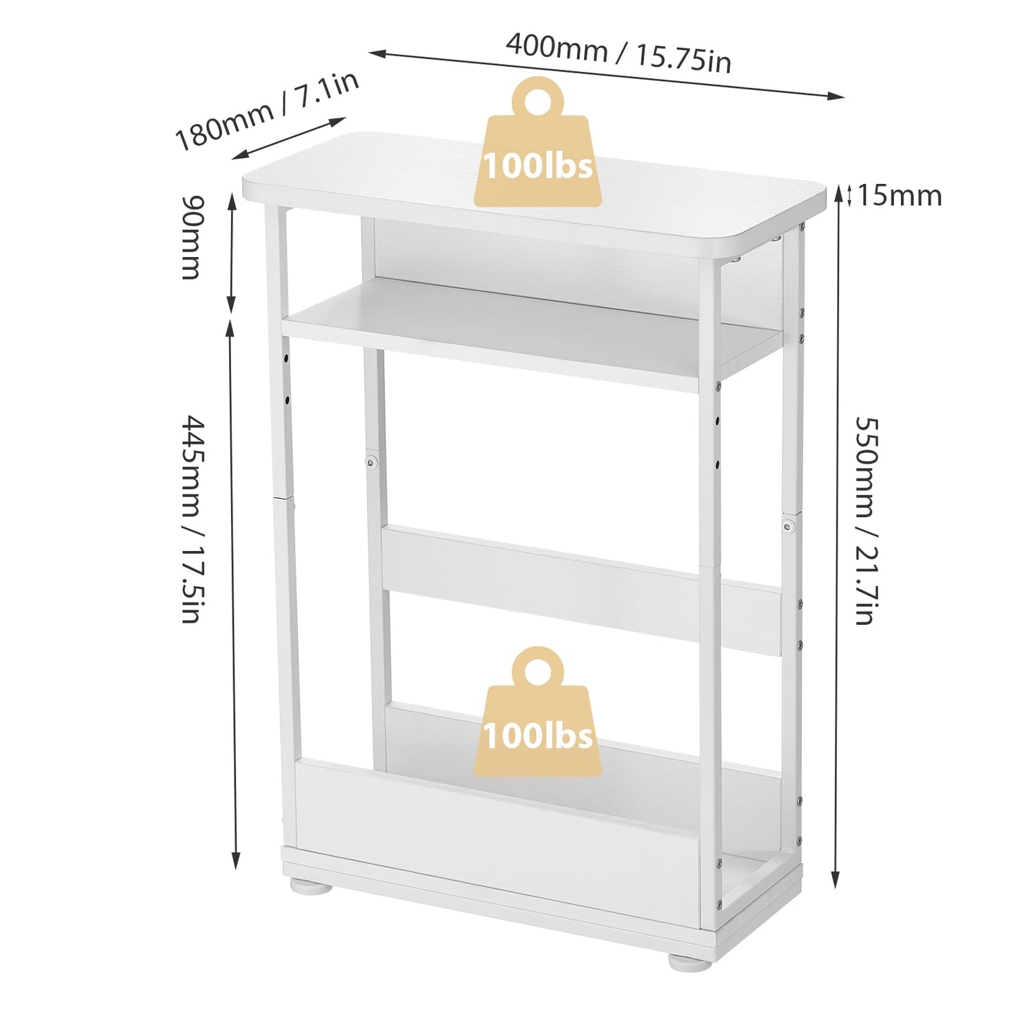 YEAKOO Narrow Side Table for Narrow and Small Spaces, Skinny Bedside Table Small Nightstand with Magazine Rack Space Saving (White, M)