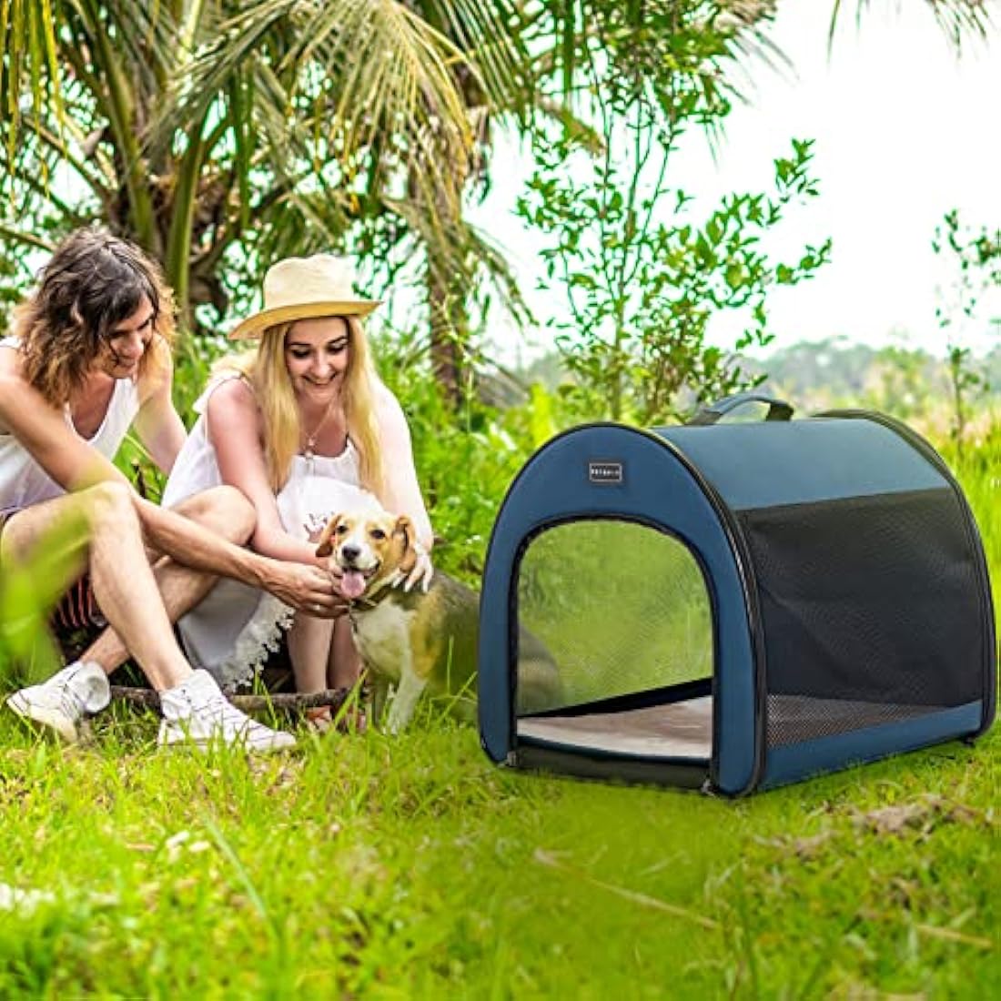 PETSFIT Soft Sided Dog Crate, Travel Dog Kennel - 19 Inch Lightweight, Roomy, Easy to Set Up, Portable Pop Up Dog Carrier Dog Kennel Indoor with Thick Mat, Sturdy Portable Dog Crate Navy Blue