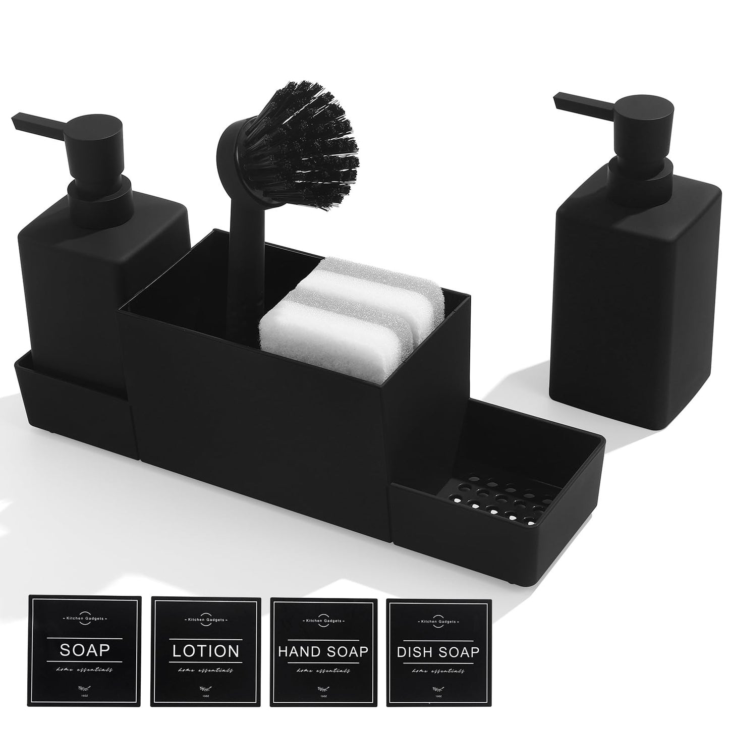 Kitchen Soap Dispenser Set, Washing Up Liquid Dispenser Black with Sponge Caddy and Brush Holder, Dish Soap Dispenser for Kitchen Countertop Sink