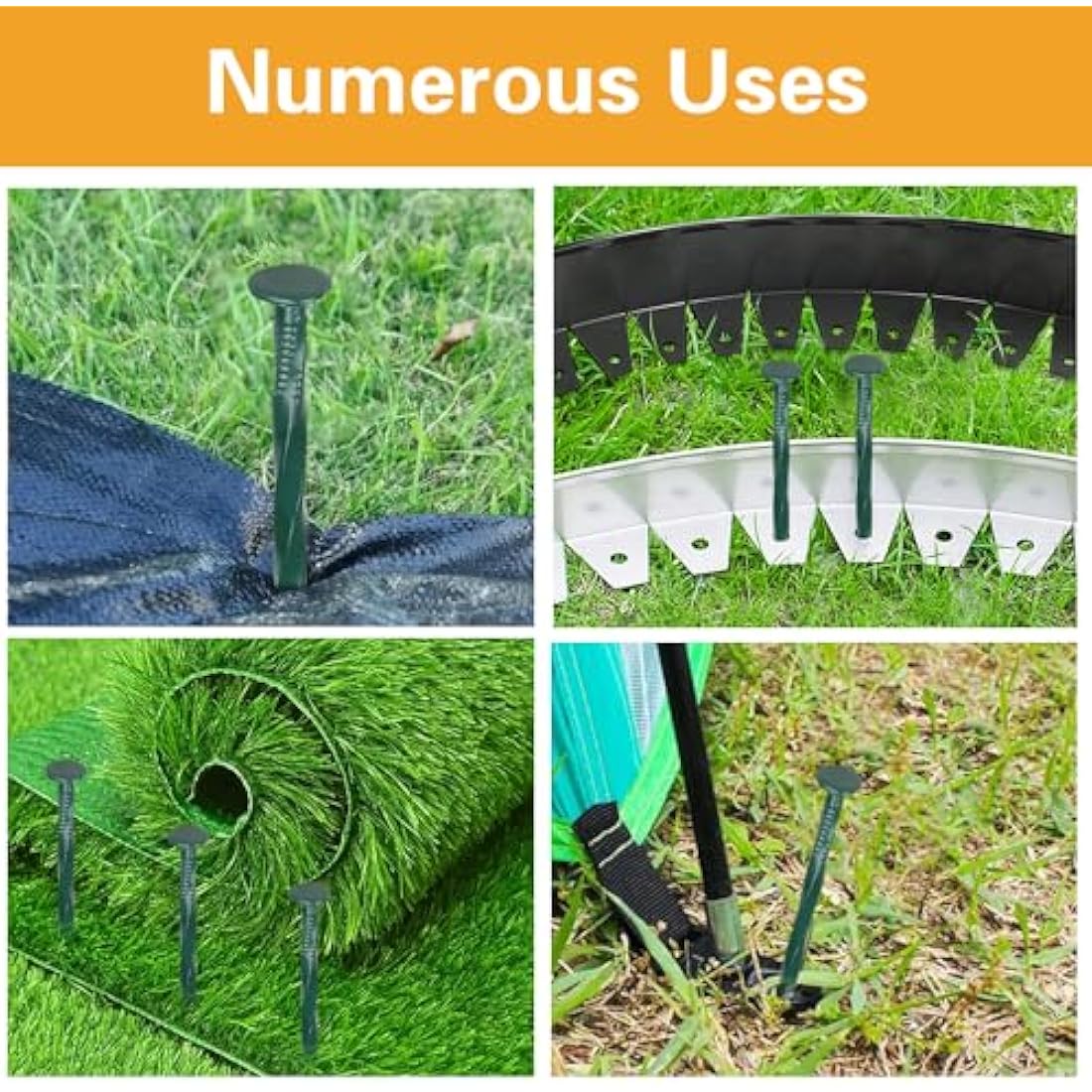 Bakulyor 100 Pack Metal Landscape Stakes, 8 Inch Artificial Grass Spikes, 6 Gauge Large Landscaping Staples, Green Edging Anchor Stake for Garden Ground Grass Lawn Paver Timber Border Weed Barrier 8"