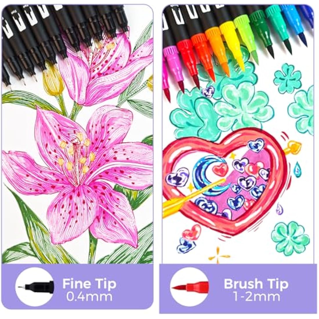 Artecho 72 Dual Tip Brush Pens, Colouring pens for Adult, felt tip pens, Colouring Books, Calligraphy, Drawing, Sketching, nylon tip for Artists, Beginners