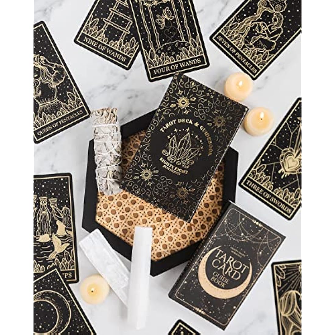 Mystical Gold Foil and Black Tarot Cards with Guide Book for Beginners and Advanced Tarot Readers; Large Tarot Deck with Extensive Guidebook of the Symbolic Meanings of Past History and Future Destiny