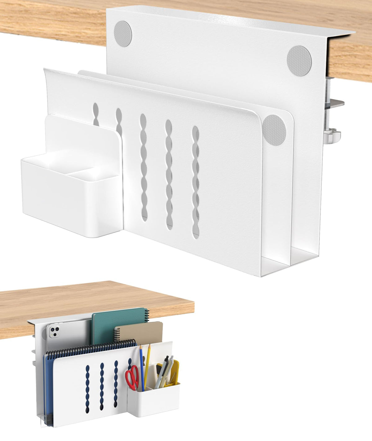 Torchesy Laptop Stand Vertical Under Desk Storage Mount With Side Storage for All Laptops and Tablets (White, Double Layer With Pen Holder)