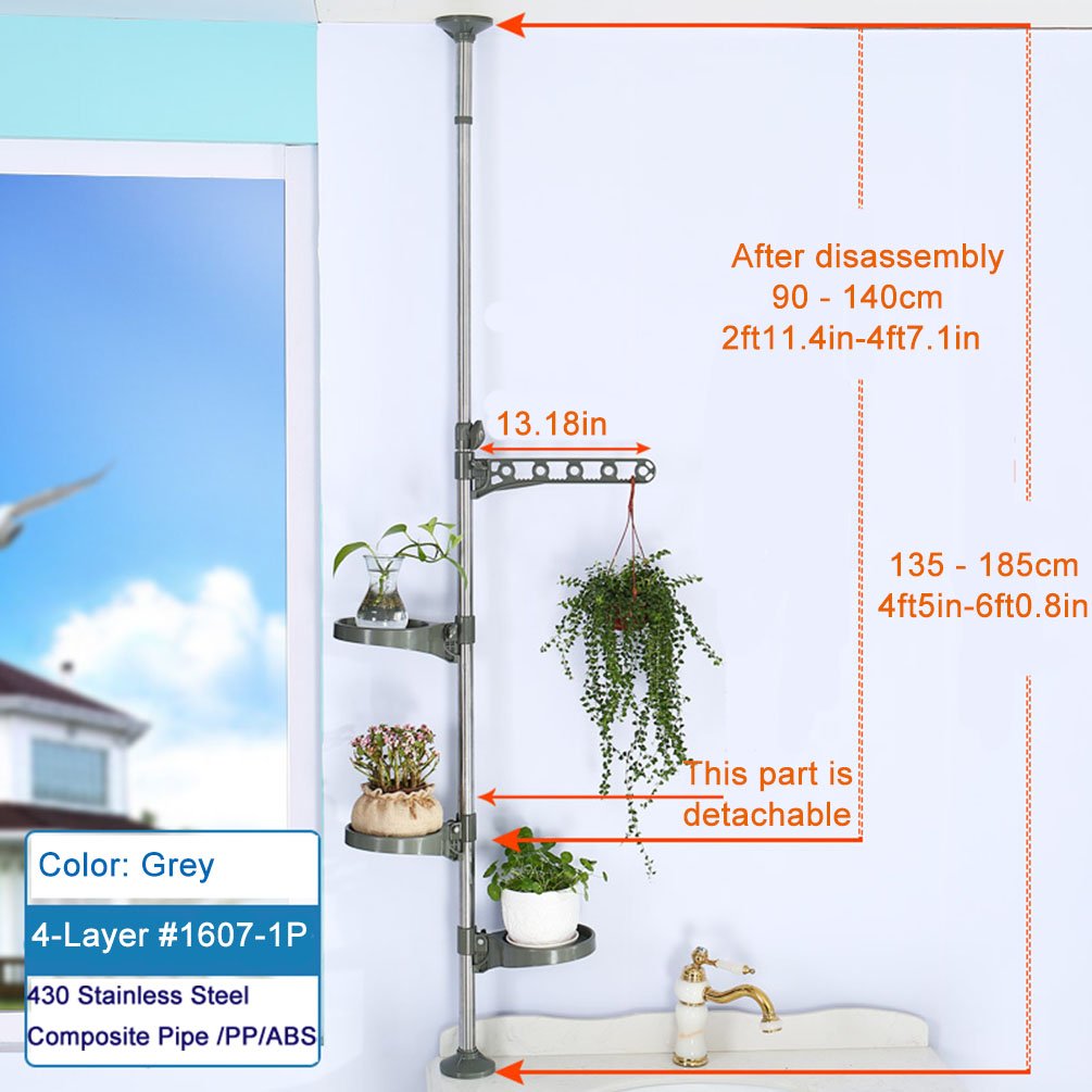 BAOYOUNI Indoor Plant Pole Stand Tension Rod Adjustable Flower Display Rack Spring Loaded Floral Hanger Storage Shelf with 3 Trays & 1 Arm for