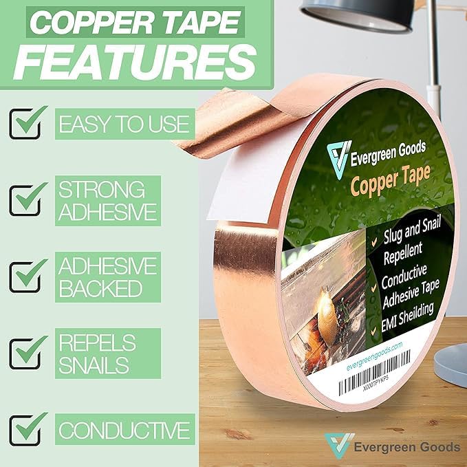 EVG 50mm x 15m Slug Copper Tape | Adhesive Copper Tape Slug Snail Repellent | Slug Deterrent Barrier Copper Foil Tape for Humane Pest Control |