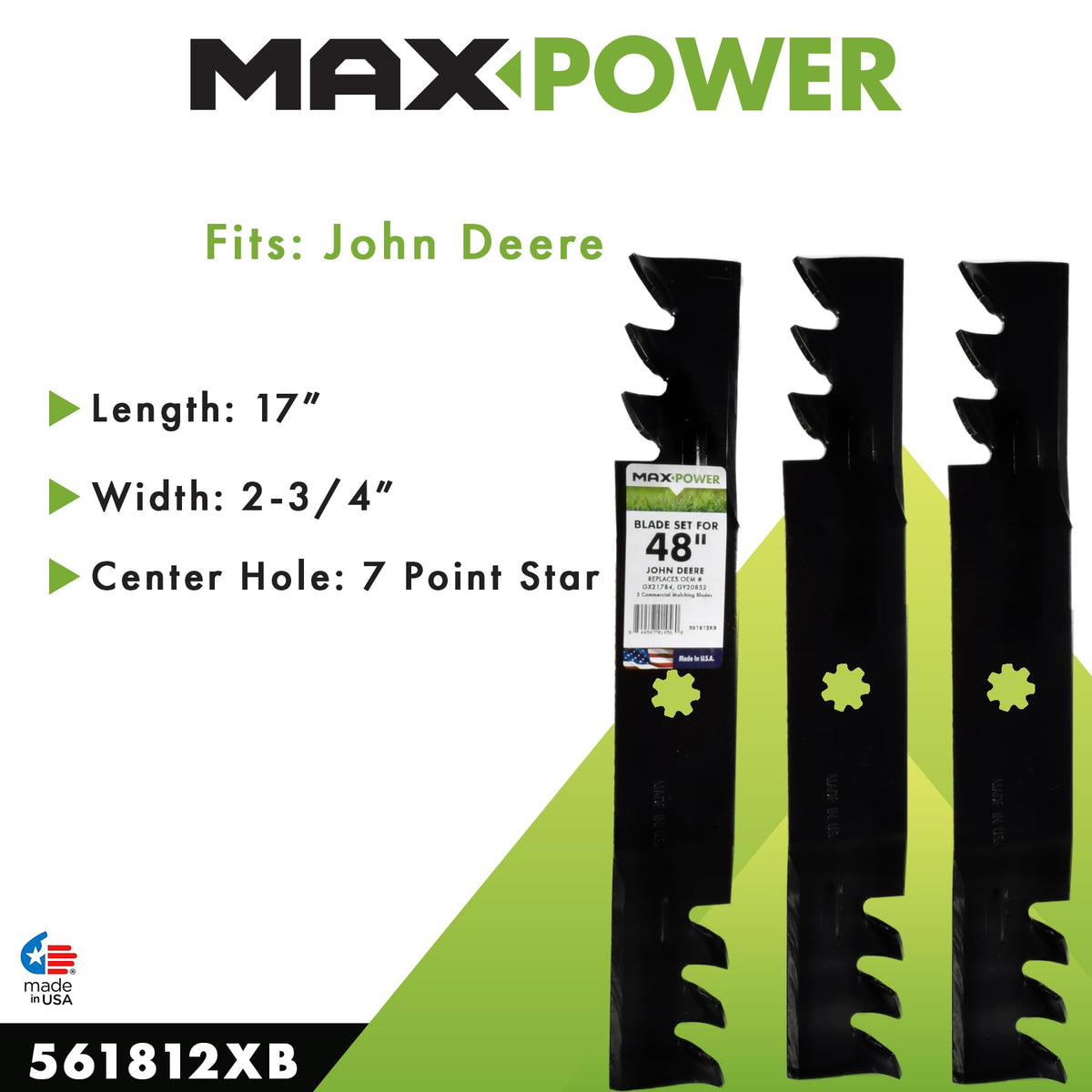MaxPower 561812X Commercial Mulching Blade Set for 48" Cut John Deere Replaces GX21784/GY20852