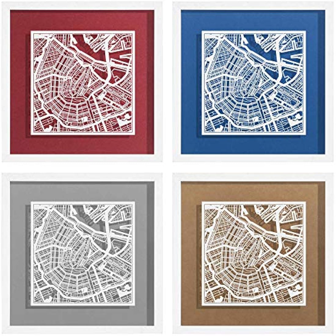 O3 DESIGN STUDIO Amsterdam Marco de Papel para mapas, White map, White frame, 9x9 inches, Gift Boxed, 4 background color, self-changing, Paper Art