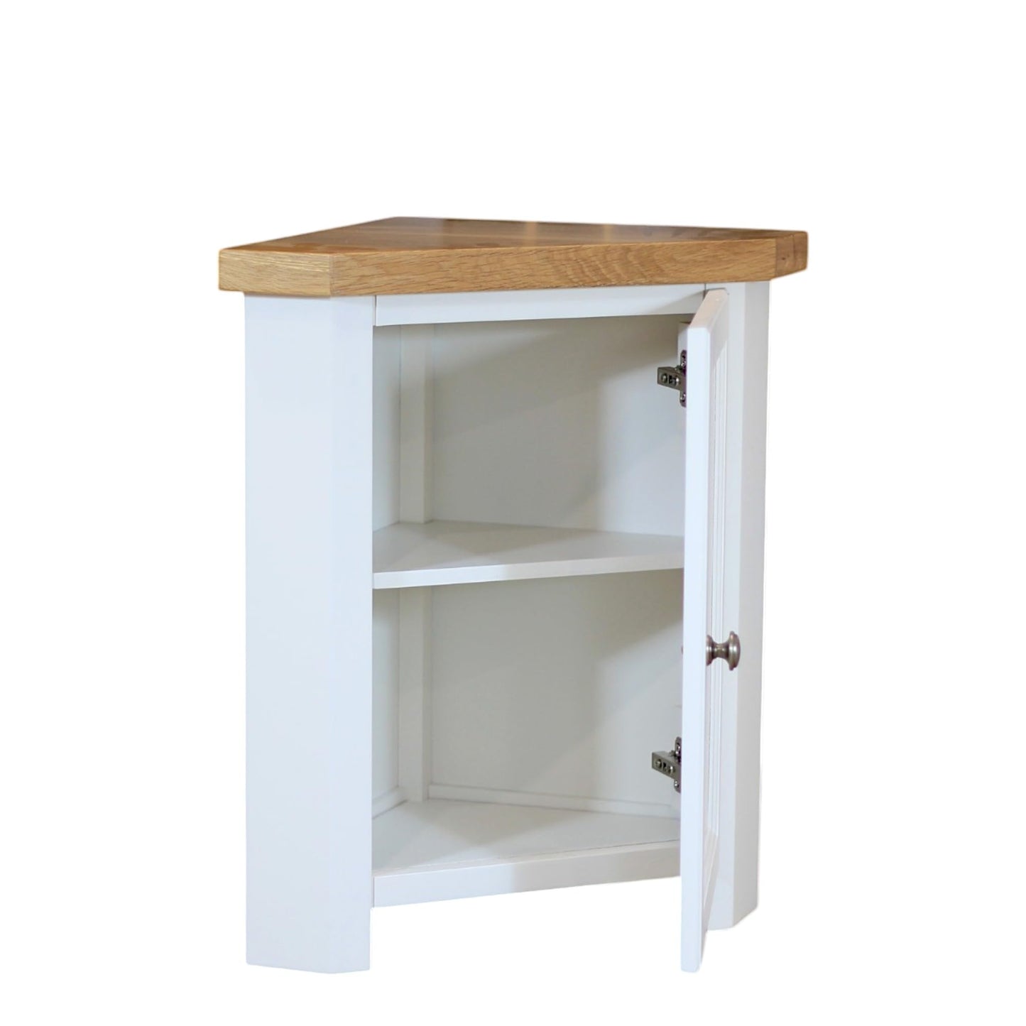 GROF Furniture Chunky Corner Unit, All White Painted Storage Cuboard, Triangle Unit Oak Top fit well in Livingroom, Bathroom & Hallway