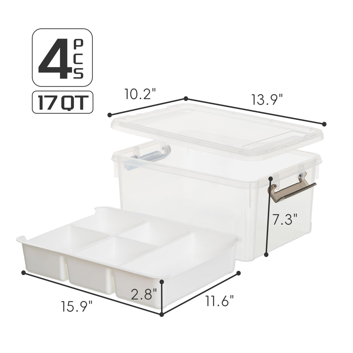Citylife 4 Packs 16L Plastic Storage Boxes with Removable Tray Clear Plastic Box large Storage Box with Lid Stackable Storage Boxes for Organizing