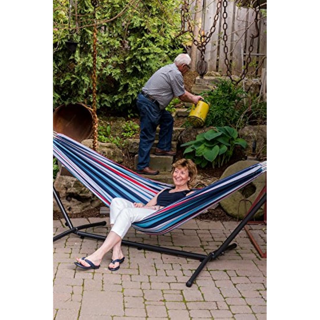 Vivere, Denim Double Cotton Hammock with Space-Saving Steel Stand including Carrying Bag