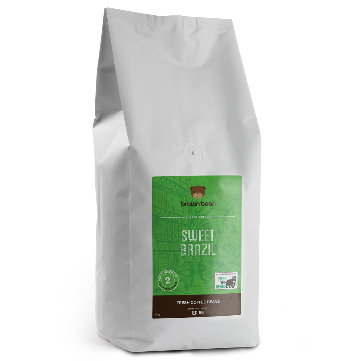 Sweet Brazil Brazilian Coffee Beans 1kg - Light Medium Roast - Brown Bear - For All Coffee Machines - Donation to Free The Bears - 100% Arabica