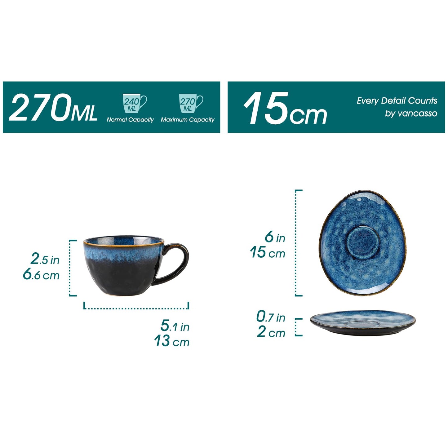 vancasso Starry Cup and Saucer Set, Ceramic Coffee Cup Set for 4 People, 270 ml Afternoon Tea Cup Set, Espresso Cup, Cappuccino Cup, Suitable for All