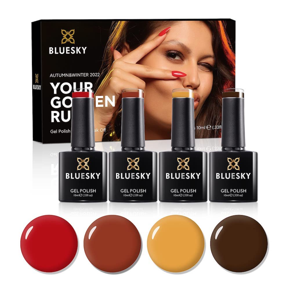 Bluesky Gel Nail Polish Set, AW22, Autumn Collection Gift Set, 4 x 10ml, Yellow, Red, Brown, Mustard (Requires Curing Under UV LED Lamp)