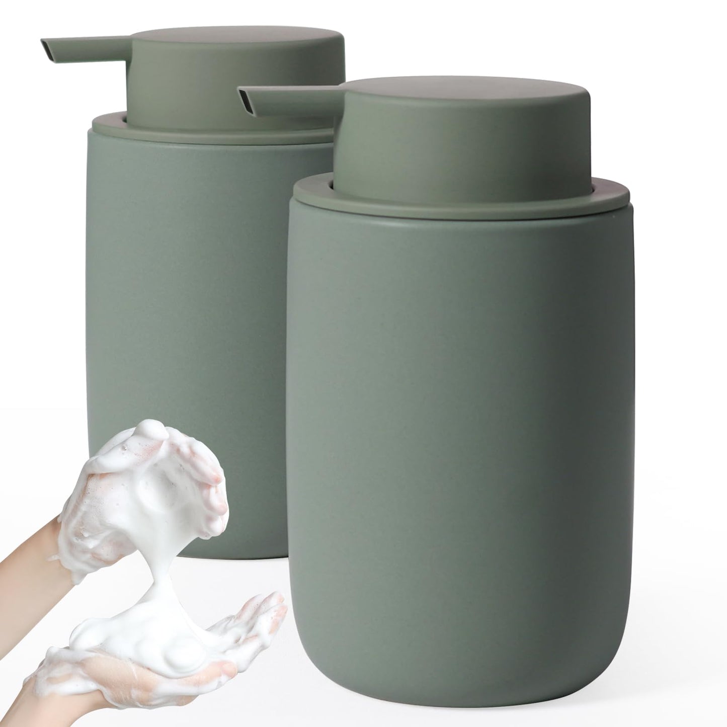 Autumnlife Foam Soap Dispenser Set, 2 Pcs Ceramic Dish Dispenser Refillable Soap Dispenser with Large Pump and Label, Matt Green Dish Soap Pump