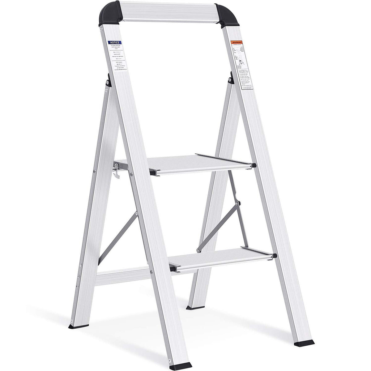 KINGRACK 2 Step Ladder with Handrail, Non-Slip Household Ladder with Folding Safety, Aluminium Folding Step Stool, Maximum Load 150 kg, Silver