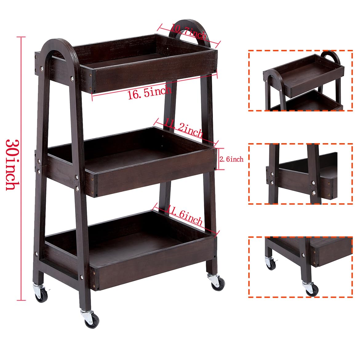 lamde 3-Tier Wooden Rolling Cart- Wooden Utility Cart wit Wheels- Utility Rolling Cart-Storage Trolley Organizer- Rolling Kitchen Cart Serving Cart