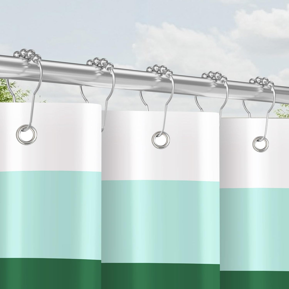 Lerores Shower Curtain with Metal Shower Curtain Rings, 180 x 200 cm, Rail, Green, Weighted Hem, Anti-Mould Textile, Water-Repellent, Washable