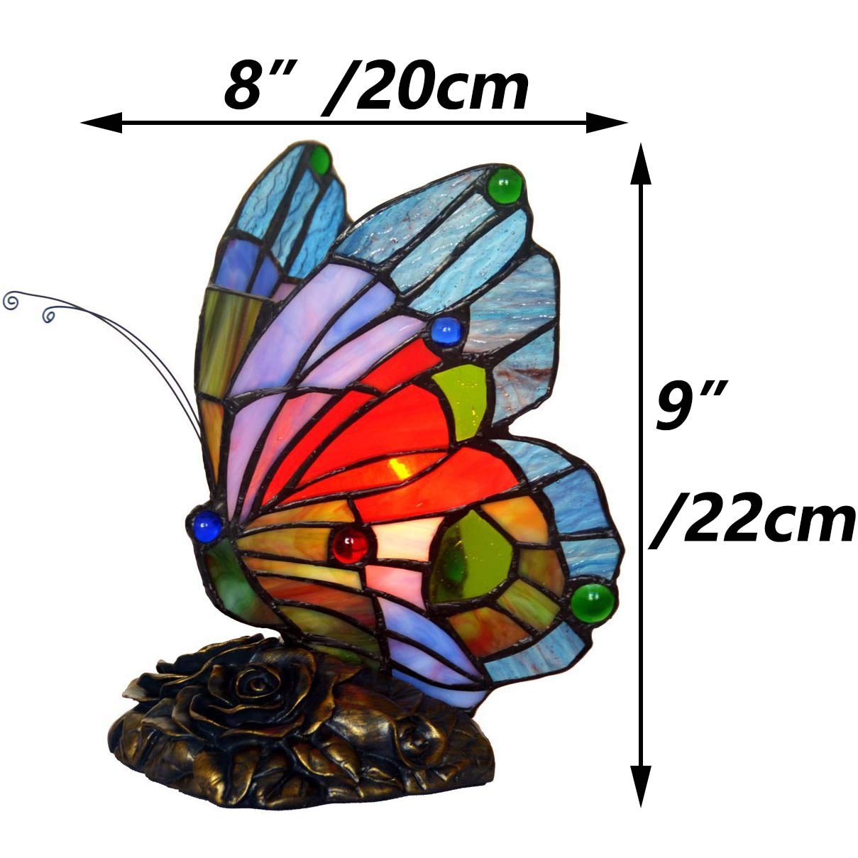 Bieye L30042US 8 inches Butterfly Tiffany Style Stained Glass Accent Table Lamp Night Light for Bedside Bedroom Living Room Coffee Table, Blue Red