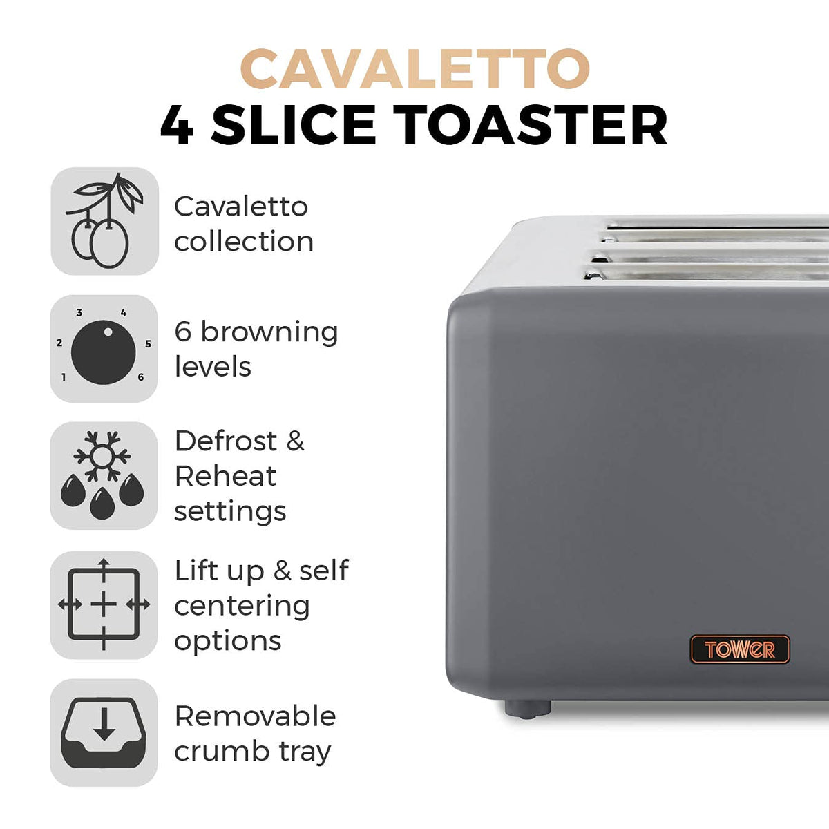 Tower T20051RGG Cavaletto 4-Slice Toaster with Defrost/Reheat, Stainless Steel, 1800W, Grey and Rose Gold