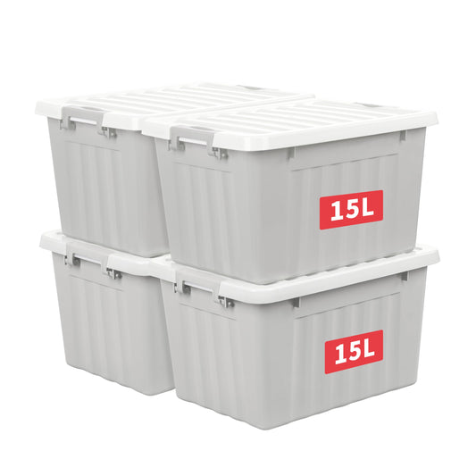 Cetomo 15L*4 Storage Boxes with Lids, Plastic Storage Box with Secure Side Latches, Stackable & Nestable Organizer for Home, Office, Moving, PP, Gray