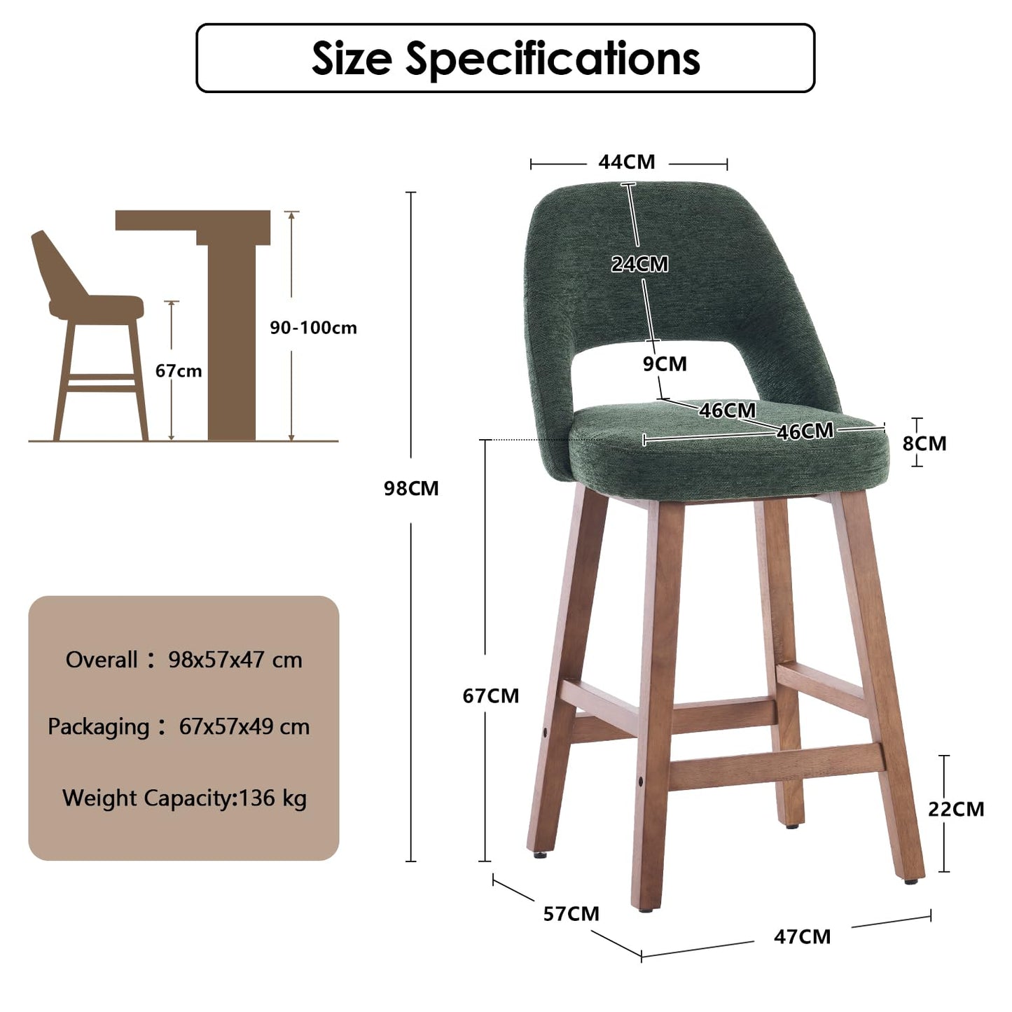 Kidol&Shellder Bar Stools Set of 2, 67cm Counter Height Bar Chairs, Green