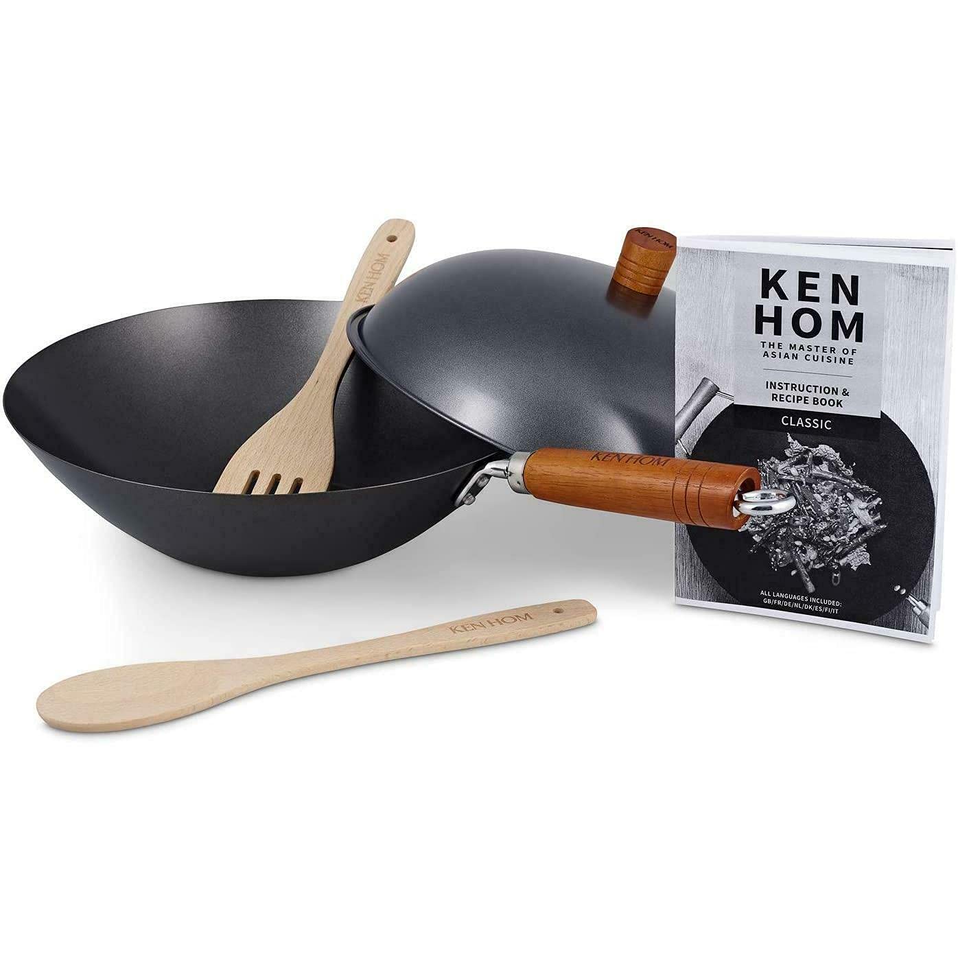 Ken Hom Carbon Steel Wok Set, 31cm, Classic, Non-Induction/Wooden Handle/Flat Base Pan, Includes Wok Pan with Lid, Wooden Wok Utensils & Recipe Book,