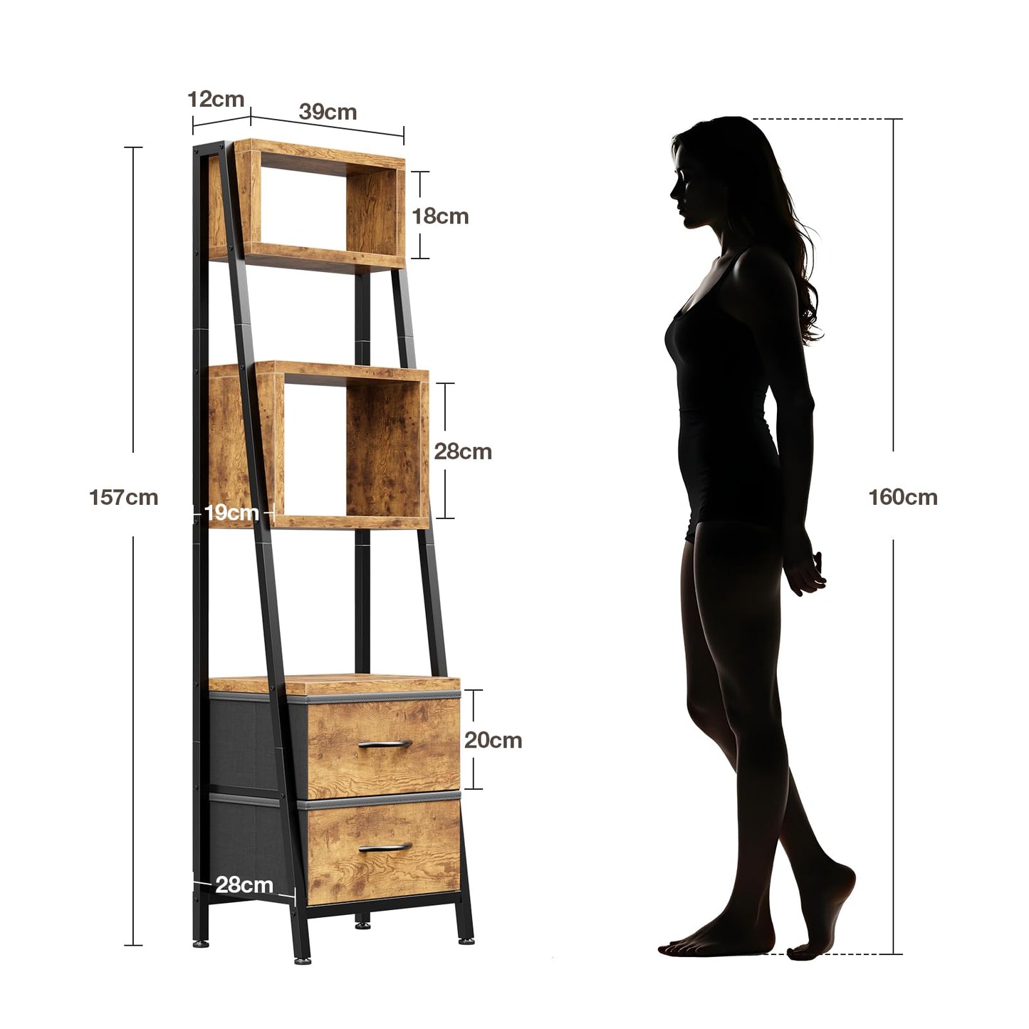 Coleshome 5-Tier Narrow Bookcase With 2 Fabric Drawers, Vintage