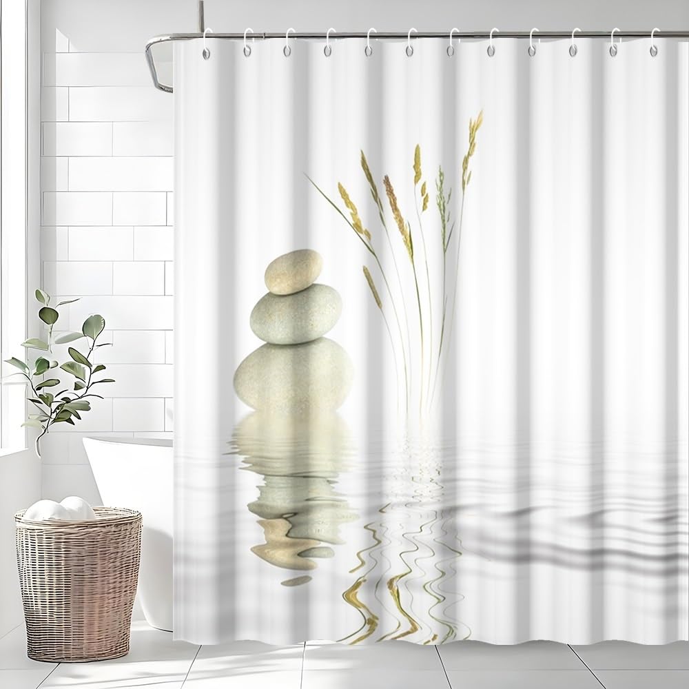 Zen Shower Curtain, Uiiooazy White Spa Pebble Stone Meditation Bath Curtain Mildew and Mould Proof Waterproof Polyester Fabric Washable Opaque Shower