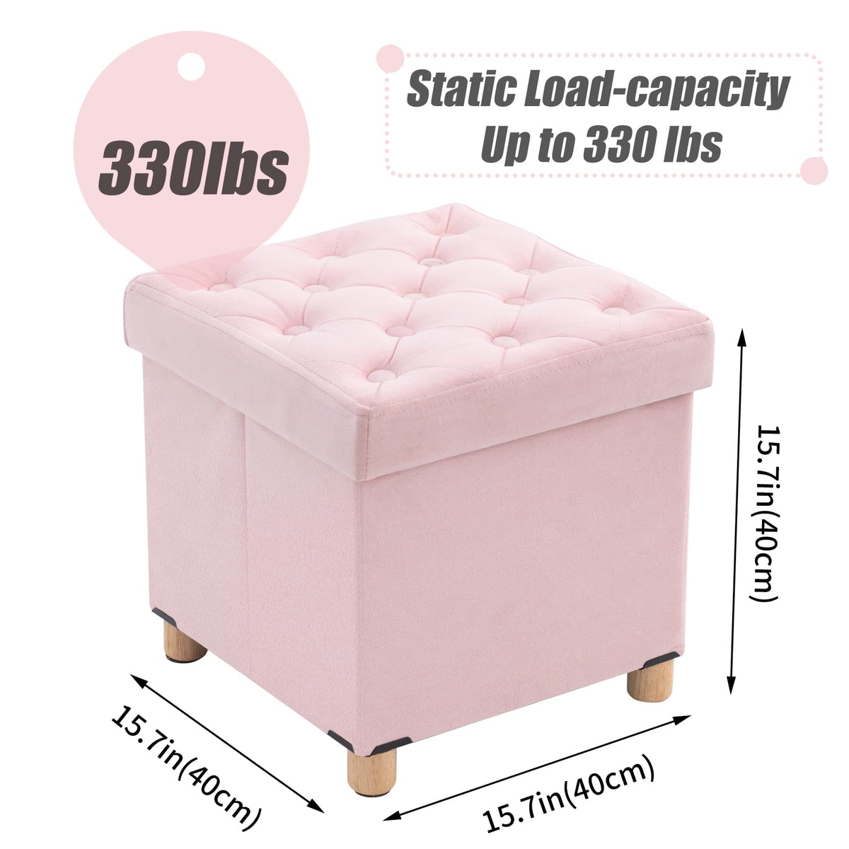 BRIAN & DANY Folding Storage Ottoman with Wood Legs, Velvet Footstools Cube for Living Room and Bedroom, 40x 40x 40 cm, Pink