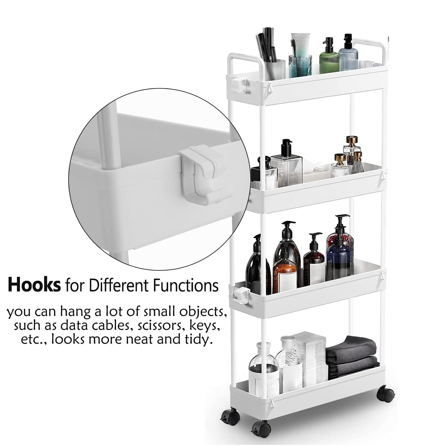 4-Tier Slim Rolling Storage Cart on Wheels, Slide Out Thin Utility Cart Kitchen Trolley with Wheels